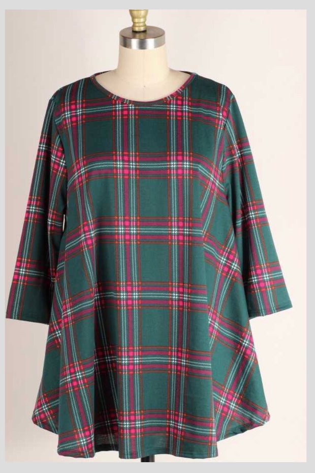 PQ-Z {Holiday Cottage}  ***FLASH SALE***Green Pink Rust Plaid Round Hem Tunic PLUS SIZE XL 2X 3X