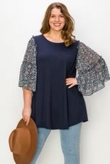 21 CP-P {My Very Own} Navy Top w/Floral Print Sleeves CURVY BRAND!!!! 4X 5X 6X