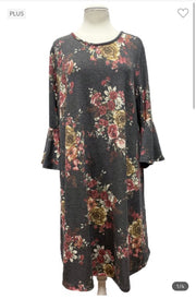 85 PQ-Z {Rose Kisses} Charcoal Floral Bell Sleeve Dress EXTENDED PLUS SIZE 3X 4X 5X