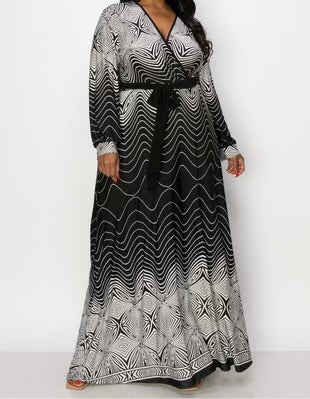 LD-N {Highlight The Good} Black/White Print V-Neck Maxi Dress PLUS SIZE 1X 2X 3X