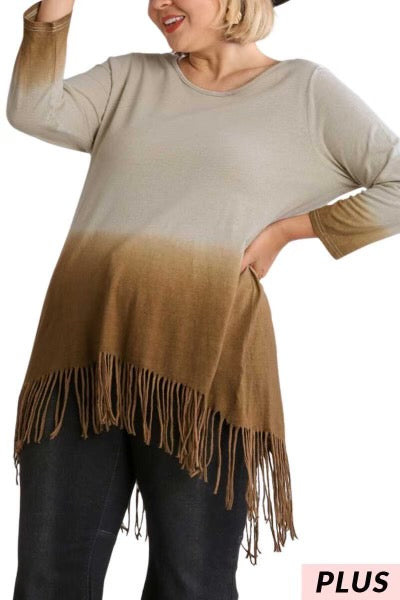 31 OR 57 PLS-V {Fringe Says It All} UMGEE Oatmeal Ombre Tunic W/Fringe PLUS SIZE XL 1X 2X