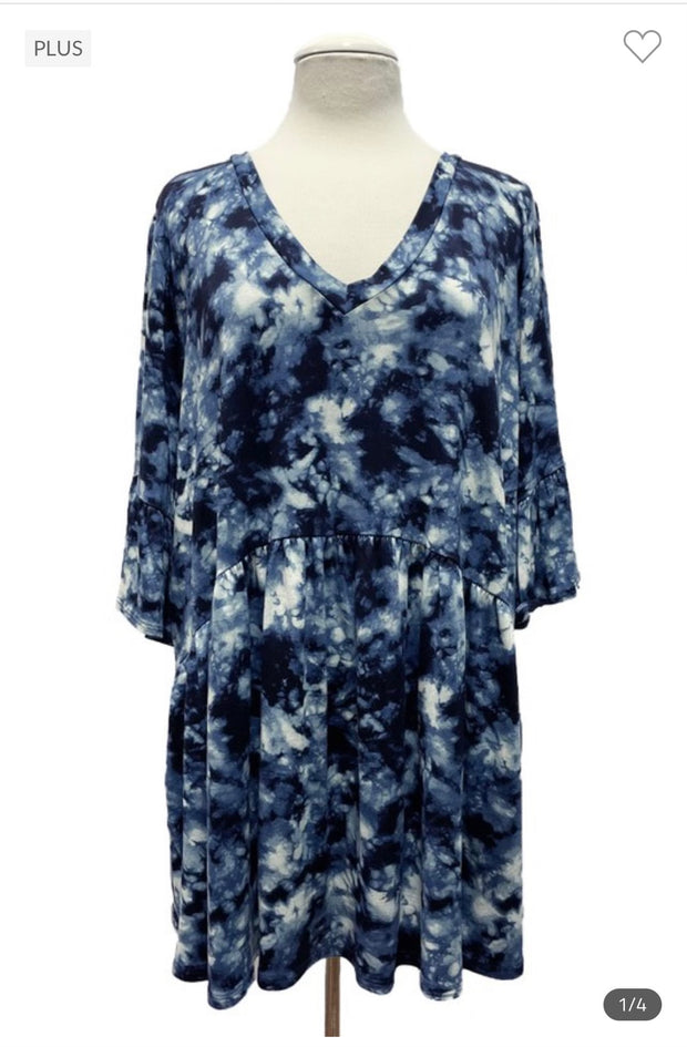 28 PSS-A {Lightning Strike} Navy Tie Dye Babydoll Top EXTENDED PLUS SIZE 3X 4X 5X