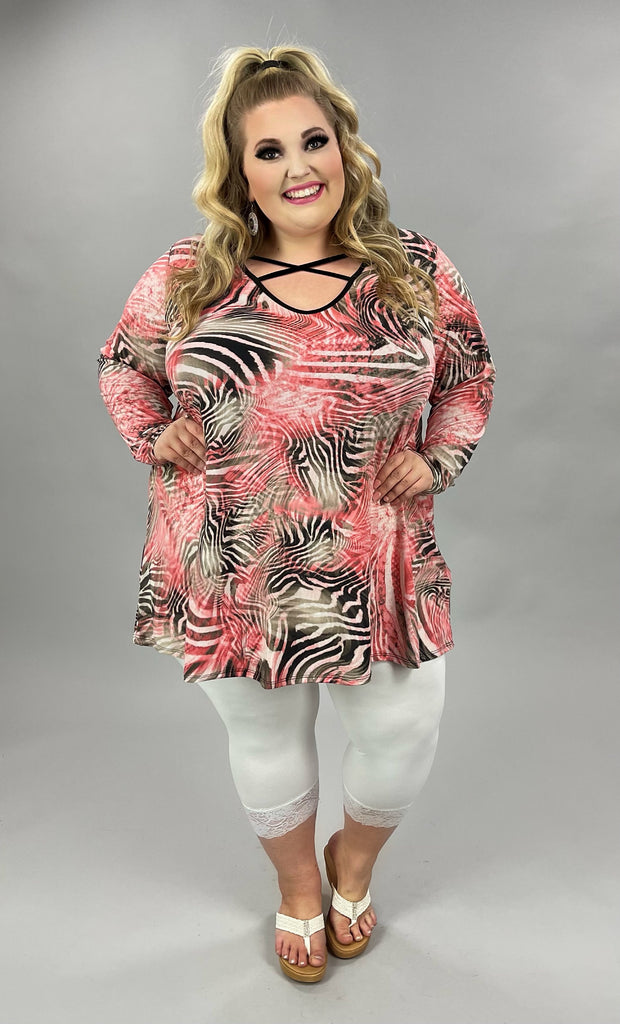 26 PQ-C {Wild Times} Pink Charcoal ***FLASH SALE***Printed Cross Neck Top EXTENDED PLUS SIZE 4X 5X 6X
