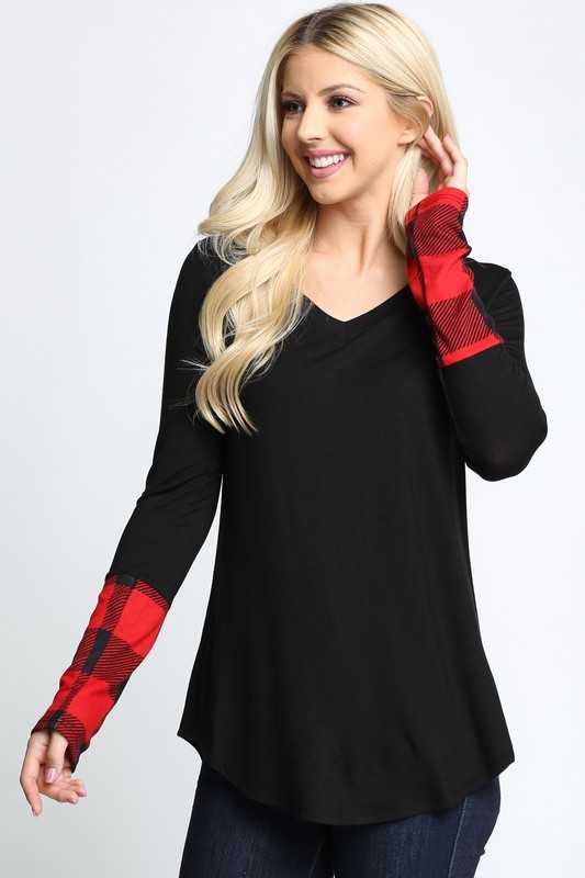 66 CP-A {Something Good} Black V-Neck Top w/Red Plaid Sleeve PLUS SIZE 1X 2X 3X