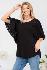 72 SSS-N {Whisk Me Away} Black Top W/Eyelet Sleeves PLUS SIZE XL 2X 3X