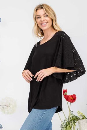 72 SSS-N {Whisk Me Away} Black Top W/Eyelet Sleeves PLUS SIZE XL 2X 3X