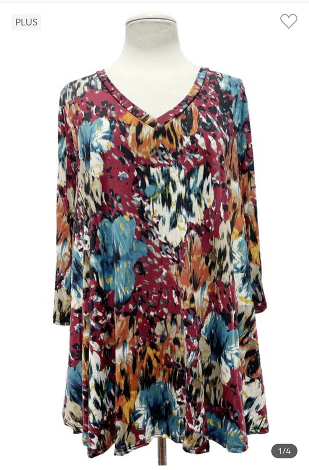 36 PQ-L {Feeling Friendly} Burdundy Floral Top EXTENDED PLUS SIZE 3X 4X 5X