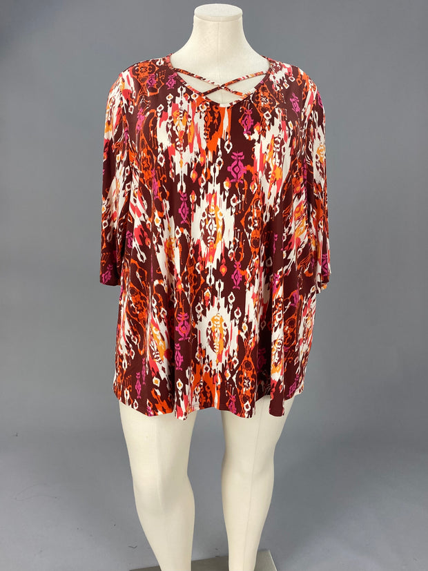 65 PSS {Never Miss Out} Burgundy Print Criss-Cross Tunic CURVY BRAND!!!  EXTENDED PLUS SIZE 4X 5X 6X