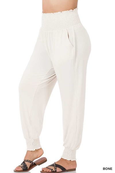 LEG-50 {Going Anywhere} Bone Smocked Cuff Jogging Pants PLUS SIZE 1X 2X 3X  SALE!!!!