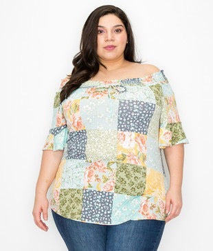 52 PSS-A {Anticipating Love} Multi-Color Print Smocked Neck Top PLUS SIZE XL 2X 3X