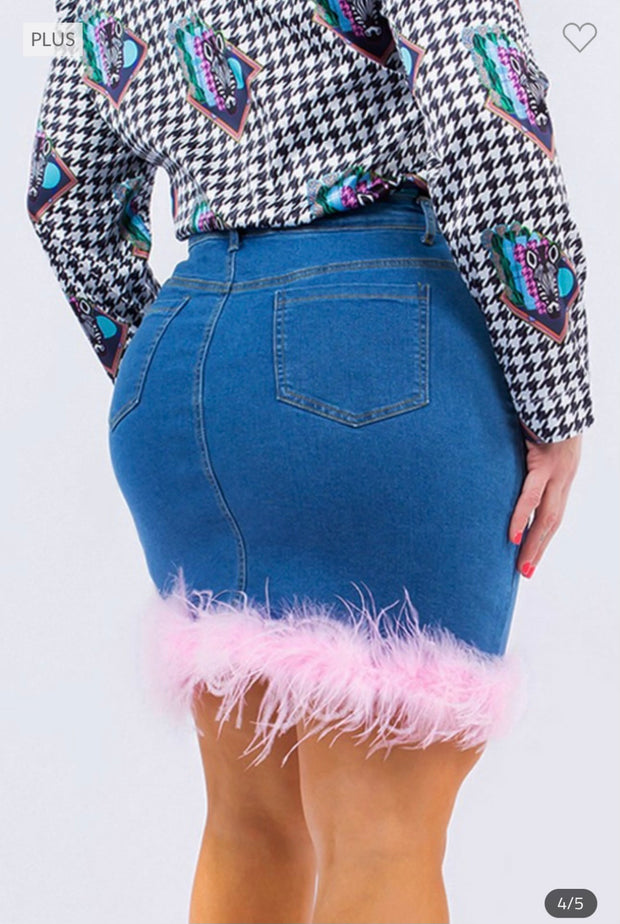 BT-P {Better In Pink} Dk. Stretch Denim Skirt w/Pink Feather Hem PLUS SIZE XL 2X 3X