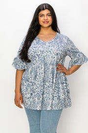 54 PSS-I {Magnificent Leopard} Blue Leopard Babydoll Top EXTENDED PLUS SIZE 3X 4X 5X