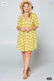 99 PSS-A {Catch My Drift} Yellow Check Print V-Neck Dress PLUS SIZE 1X 2X 3X