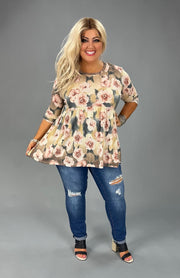 23 PQ-B {Floral Feels} Taupe/Mauve Floral Babydoll Top PLUS SIZE 1X 2X 3X