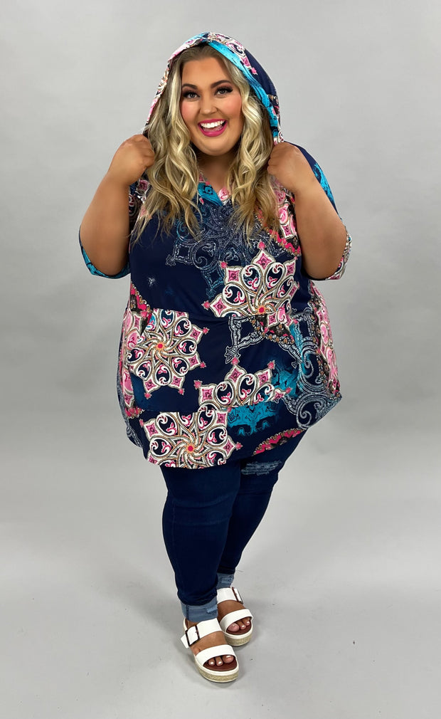 53 PQ-A {Into The Mix} Navy Mandala  ***FLASH SALE*** Print Top W/ Hood EXTENDED PLUS SIZE 4X, 5X, 6X