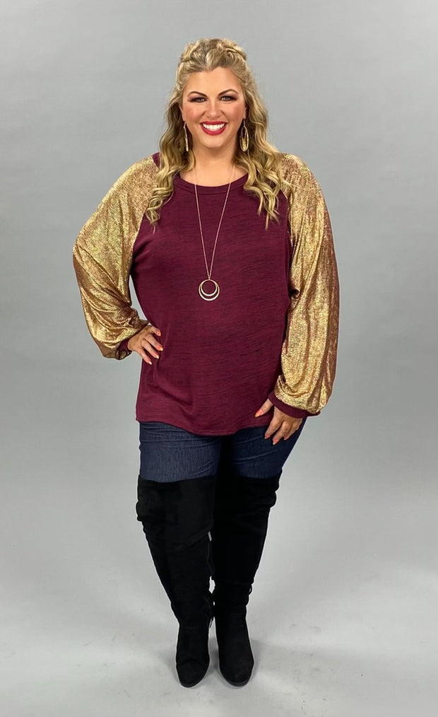 29 CP-G {My Time To Shine} Maroon Gold Metallic Top w/ Cuffed Sleeve  PLUS SIZE XL 2X 3X