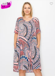 33 PSS-H {Afternoon Attraction}  Pink Paisley Printed Dress EXTENDED PLUS SIZE 3X 4X 5X