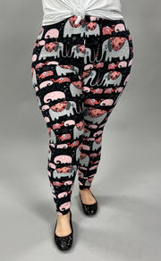 LEG-30 {Marching Elephants}  Elephant Printed Black Leggings EXTENDED PLUS SIZE