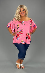 35 PSS-T [Eyes Are On Me} Pink Floral Flutter Sleeve Top PLUS SIZE XL 2X 3X