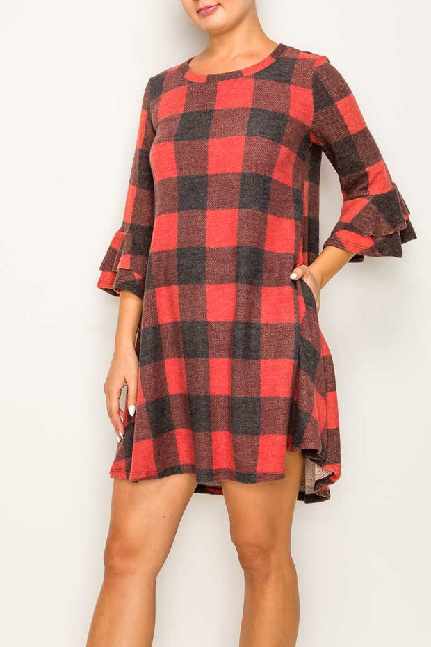 PQ-T {Harvest Season}  Dusty Red Plaid Knit Ruffle Sleeve Tunic PLUS SIZE XL 2X 3X