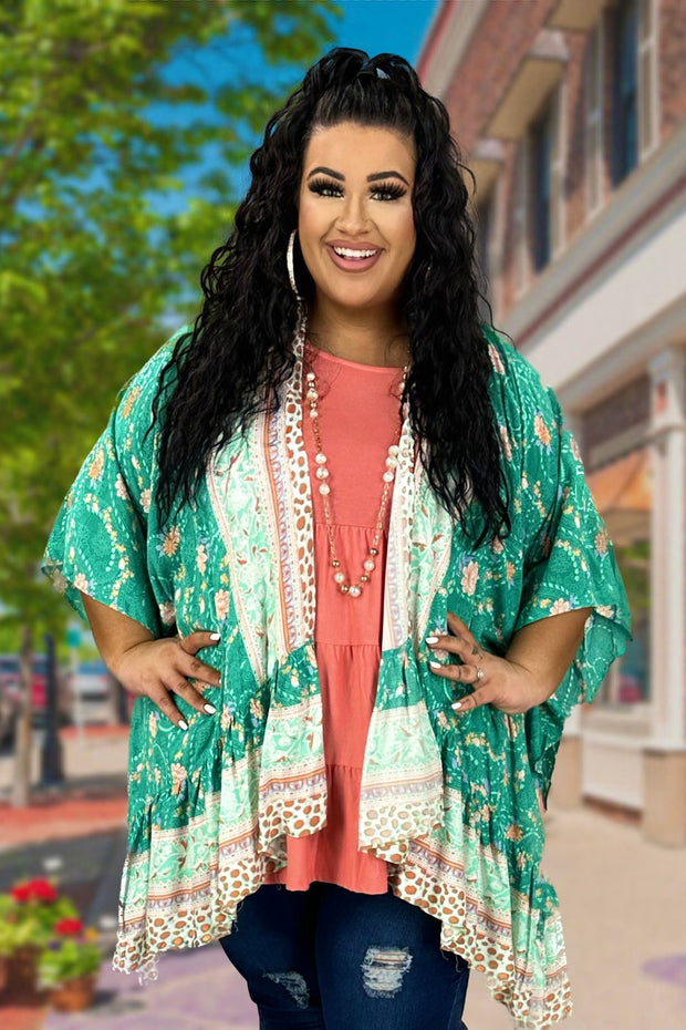 38 OT-Y {Someone To Love} Umgee Jade Floral Kimono PLUS SIZE XL/1X  1X/2X