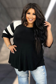 11 CP-A {Curvy Hanging Out} Black Tunic w/Striped Sleeve CURVY BRAND!!!  EXTENDED PLUS SIZE XL 2X  3X 4X 5X 6X