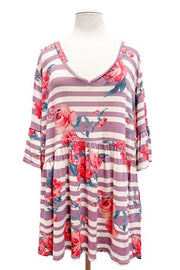 28 PSS-L {Unforgettable Rose} SALE!! Lavender Stripe Floral Babydoll Top EXTENDED PLUS SIZE 3X 4X 5X