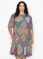 48 PSS-R {Blissful Beats} Teal Print Dress w/Pockets EXTENDED PLUS SIZE 3X 4X 5X