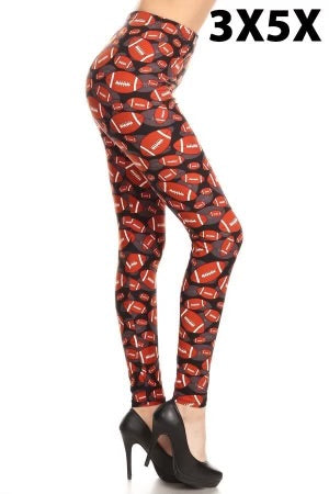 LEG-33  {Cheer Time} Brown Football Print Full Length Leggings EXTENDED PLUS SIZE 3X/5X