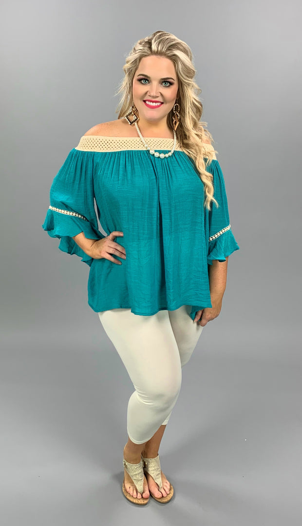 OS-D {Seaside Days} Umgee Teal Tunic W/Tan Crochet Detail SALE PLUS SIZE XL 1X 2X SALE!!