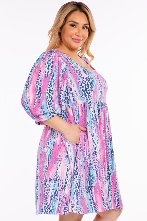 61 PQ-C [Southern Social}***SALE*** Pink Printed Babydoll Dress PLUS SIZE 1X 2X 3X