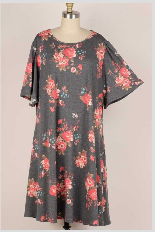 88 PSS-G {Roll Out The Coral} Grey/Coral Floral Dress EXTENDED PLUS SIZE 3X 4X 5X