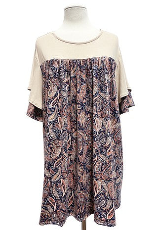 70 CP {Fantastic Paisley} Taupe/Navy Paisley Print Top EXTENDED PLUS SIZE 3X 4X 5X