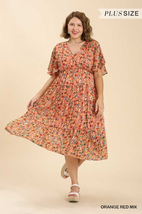 44 PSS-A {Try To Resist} Umgee Orange Mix Tiered Dress PLUS SIZE XL 1X 2X