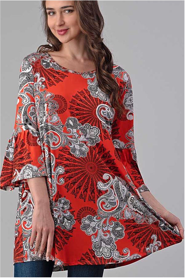 PQ-C {Spice Things Up} Red & Ivory Paisley Bell Sleeve Tunic PLUS SIZE XL 2X 3X