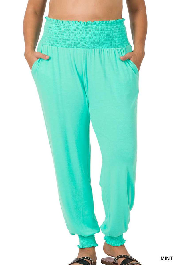 LEG-99 {Fast Forward} Mint Smocked Waist Jogger Pants PLUS SIZE 1X 2X 3X