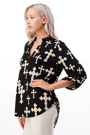 81 PQ-A {Near The Cross} Black Cross Print Roll-Tab Sleeve Top PLUS SIZE 1X 2X 3X