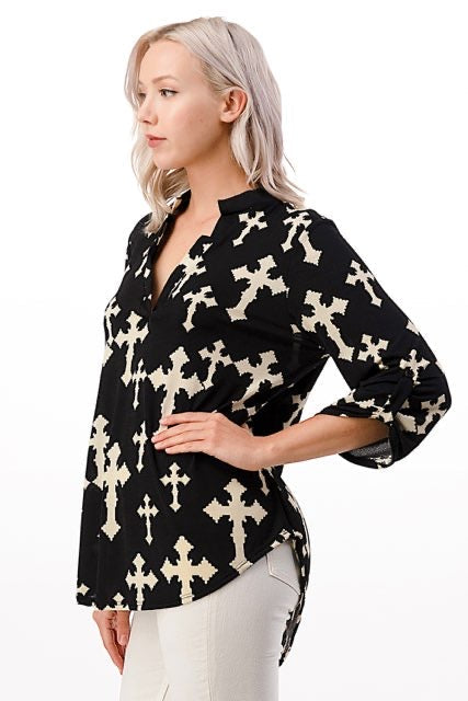 81 PQ-A {Near The Cross} Black Cross Print Roll-Tab Sleeve Top PLUS SIZE 1X 2X 3X