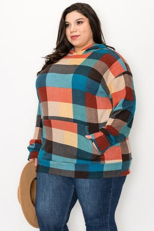 87 HD-B {Double Take} Multi-Color Plaid Hoodie w/Pocket EXTENDED PLUS SIZE 3X 4X 5X