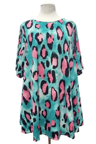 22 PSS-G {Talking In Circles} Mint/Pink Animal Print Top EXTENDED PLUS SIZE 3X 4X 5X
