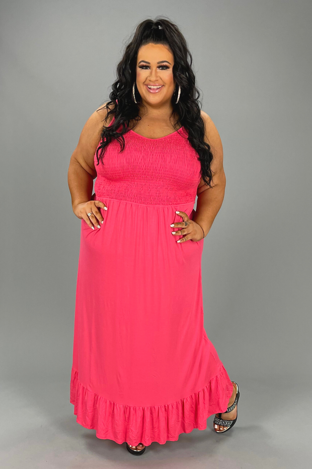 LD-R {My Best Choice} Coral  SALE!! Smocked Top Maxi Dress PLUS SIZE XL 2X 3X