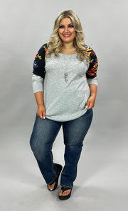 23 CP-K {Timeless Form} Grey Aztec Sleeve Top PLUS SIZE XL 2X 3X