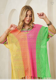 89 OT-X {Ocean Drive} Neon Multi-Color Cover Up w/Fringe PLUS SIZE 1X 2X  3X