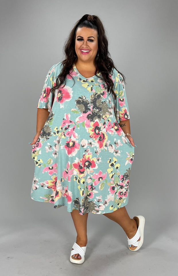 75 PSS-H {Poppin Pansies} ***SALE***Mint Floral Print Dress PLUS SIZE XL 2X 3X