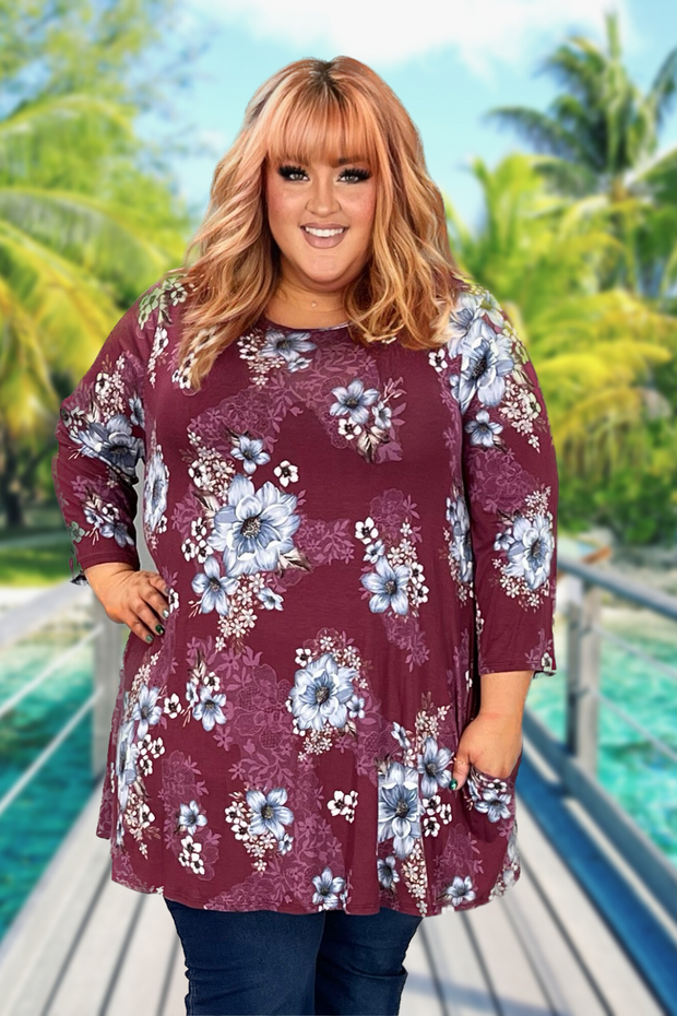 60 PQ-Q {Cabana Kisses} Wine SALE! Floral Top EXTENDED PLUS SIZE 3X 4X 5X