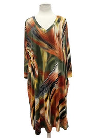 79 PQ-B {Living For This} Rust/Multi Print V-Neck Dress EXTENDED PLUS SIZE 3X 4X 5X