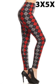 LEG-38 {Making Up} Red Argyle Print Full Length Leggings EXTENDED PLUS SIZE 3X/5X