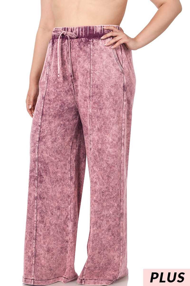 LEG81 -   {Dressing For Me} Burgundy Acid Wash Wide Leg Joggers PLUS SIZE 1X 2X 3X