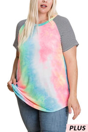 29 OR 33 CP-P {All I Know} Neon Coral Tie Dye Stripe Sleeve Top PLUS SIZE XL 2X 3X