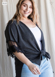 11 OT-A {Make Time For Me} Dark Charcoal Knit Cardigan w/Lace PLUS SIZE 1X 2X 3X